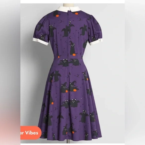 ModCloth Halloween Purple Cats Bats Pumpkins, Vampires A-Line Dress - Picture 3 of 9